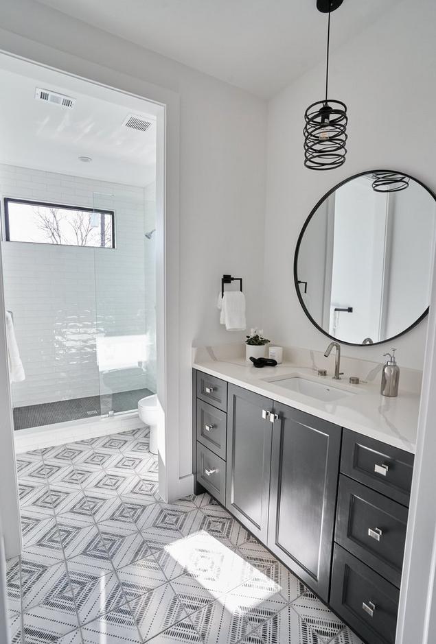 Sue's guest bathroom with Neutral Bohemian Porcelain Tile White Ceramic Tile and Black Basalt Mosaic